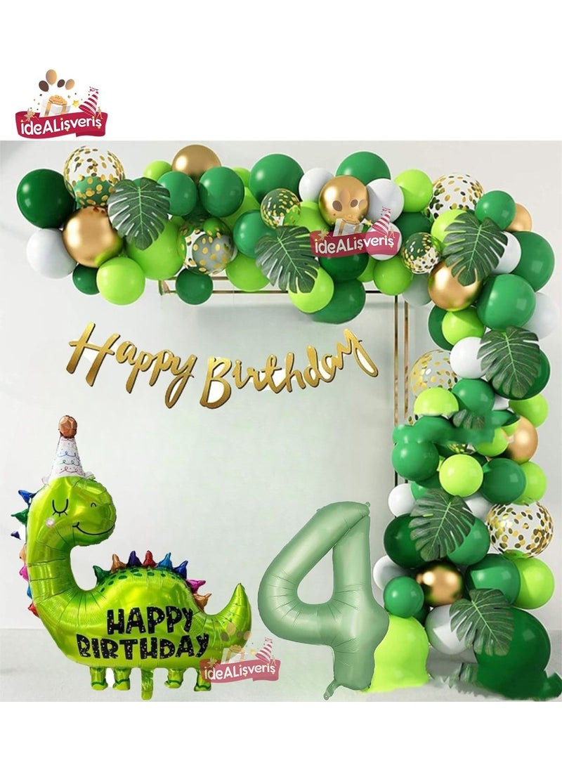 Store Happy Birthday Written Dinosaur 4 Year Old Foil Balloon Green Gold White Birthday Party Set 