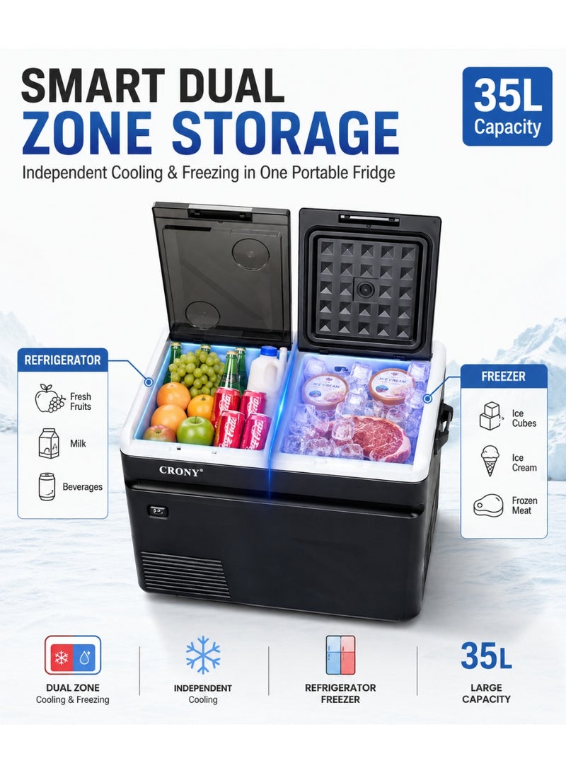 Crony 35L Portable Car Refrigerator Freezer (-20℃~20℃) Dual Power 12V/24V DC & 100-240V AC with LED Display, Car Battery Protection, Low Noise Design for Camping, Travel, Home Use - Image 2