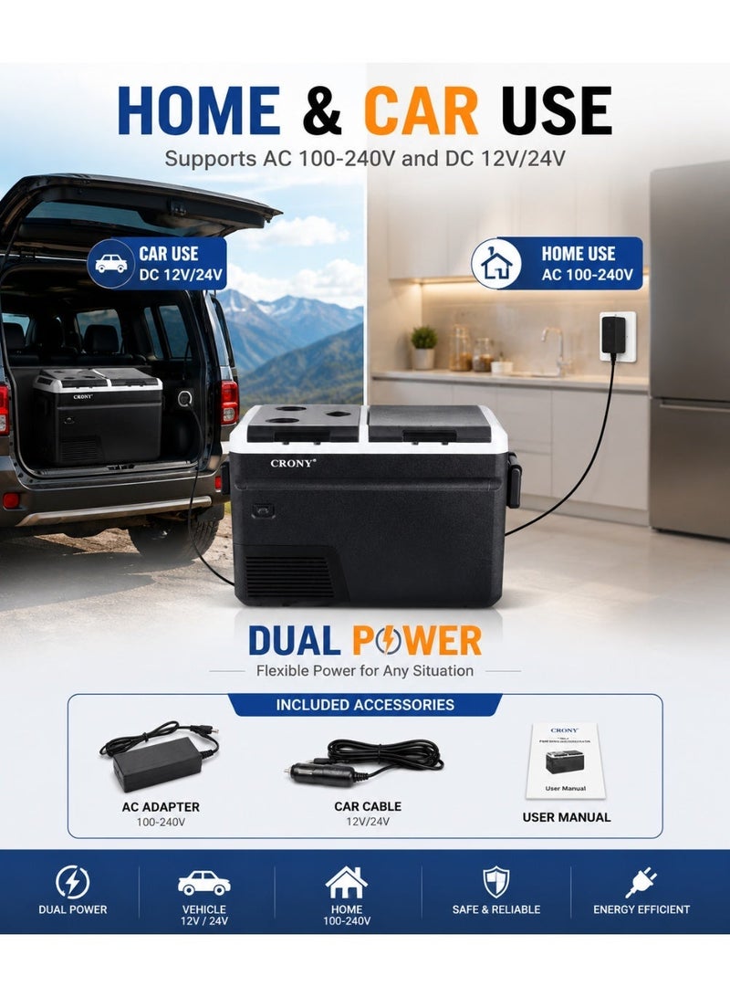 Crony 35L Portable Car Refrigerator Freezer (-20℃~20℃) Dual Power 12V/24V DC & 100-240V AC with LED Display, Car Battery Protection, Low Noise Design for Camping, Travel, Home Use - Image 5