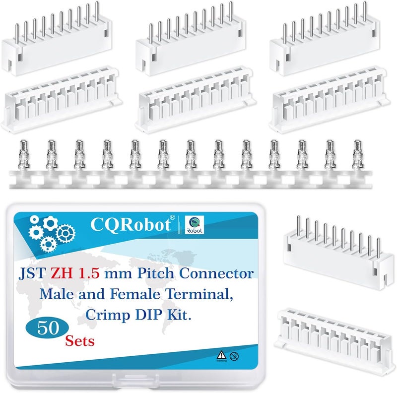 CQRobot JST ZH 1.5 mm Pitch 10-Pin Electronic Computer Connector IC Male Plugs, Female Sockets Housing and T-Shaped Crimp Terminal Kit. 50 Sets/600 Pieces Wire-to-Board Adapter Cable Assembly. - Image 1