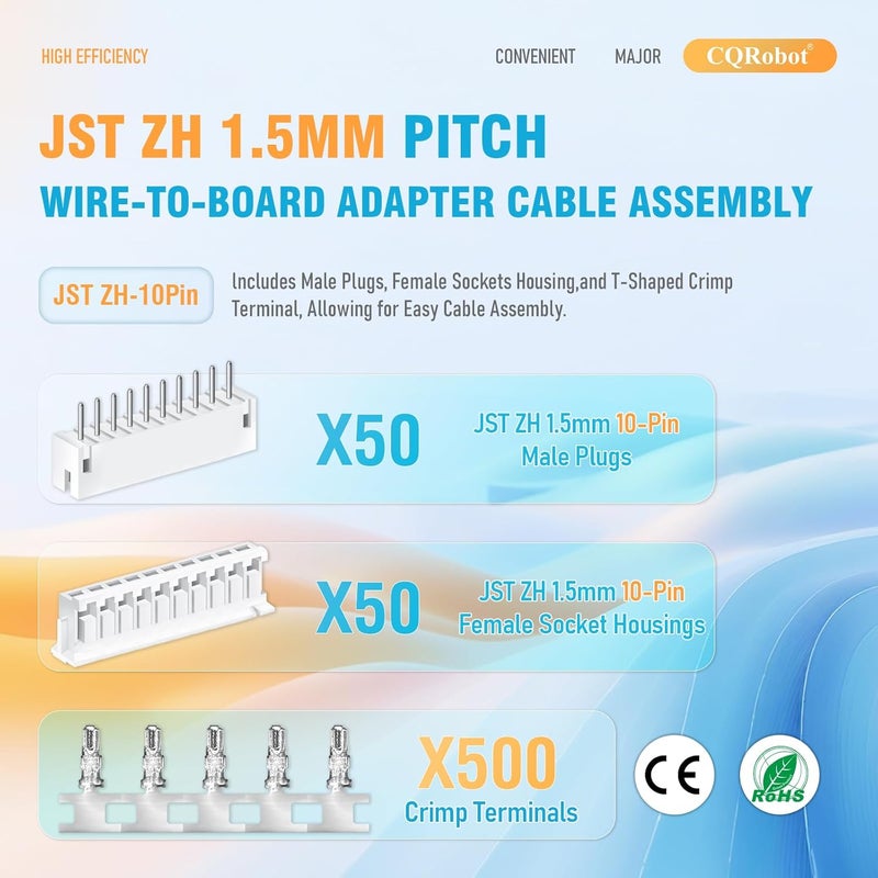 CQRobot JST ZH 1.5 mm Pitch 10-Pin Electronic Computer Connector IC Male Plugs, Female Sockets Housing and T-Shaped Crimp Terminal Kit. 50 Sets/600 Pieces Wire-to-Board Adapter Cable Assembly. - Image 2