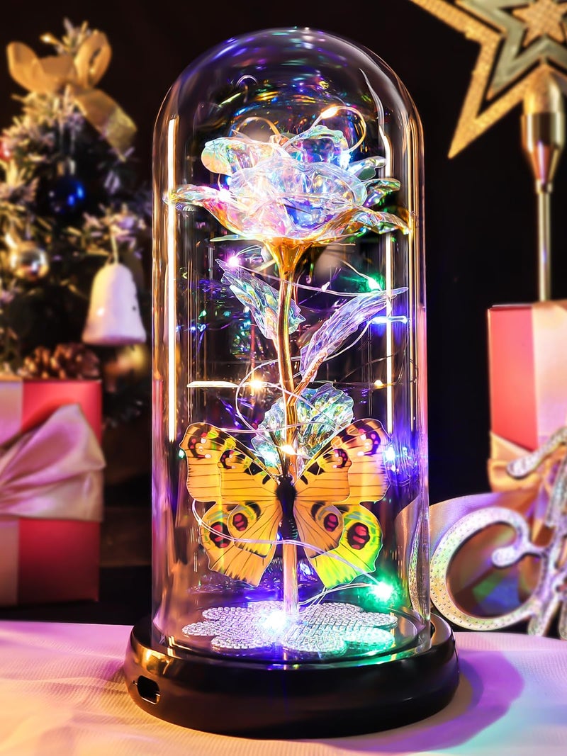 Pusuny Mothers Day Rose Gifts for Mom Birthday Gift for Women, Rechargeable Galaxy Glass Rose in Glass Dome Colorful Crystal Flower Butterfly Mother's Day Flowers Gifts for Women Mom Wife Grandma Daughter - Image 1