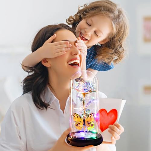 Pusuny Mothers Day Rose Gifts for Mom Birthday Gift for Women, Rechargeable Galaxy Glass Rose in Glass Dome Colorful Crystal Flower Butterfly Mother's Day Flowers Gifts for Women Mom Wife Grandma Daughter - Image 4