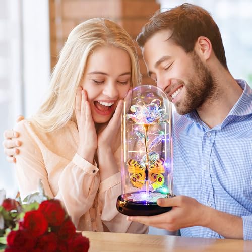 Pusuny Mothers Day Rose Gifts for Mom Birthday Gift for Women, Rechargeable Galaxy Glass Rose in Glass Dome Colorful Crystal Flower Butterfly Mother's Day Flowers Gifts for Women Mom Wife Grandma Daughter - Image 3