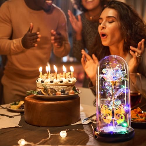 Pusuny Mothers Day Rose Gifts for Mom Birthday Gift for Women, Rechargeable Galaxy Glass Rose in Glass Dome Colorful Crystal Flower Butterfly Mother's Day Flowers Gifts for Women Mom Wife Grandma Daughter - Image 5