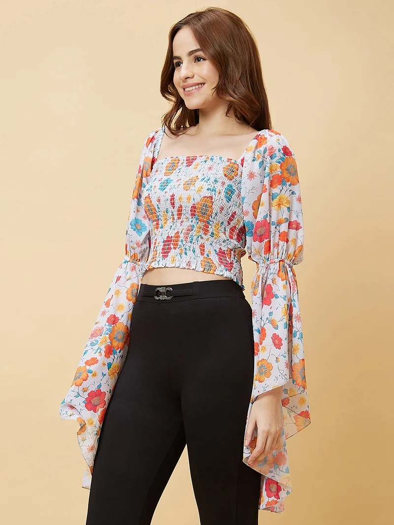 globus Women Orange-Coloured Floral Printed Bell Sleeves Smocked Crop Top