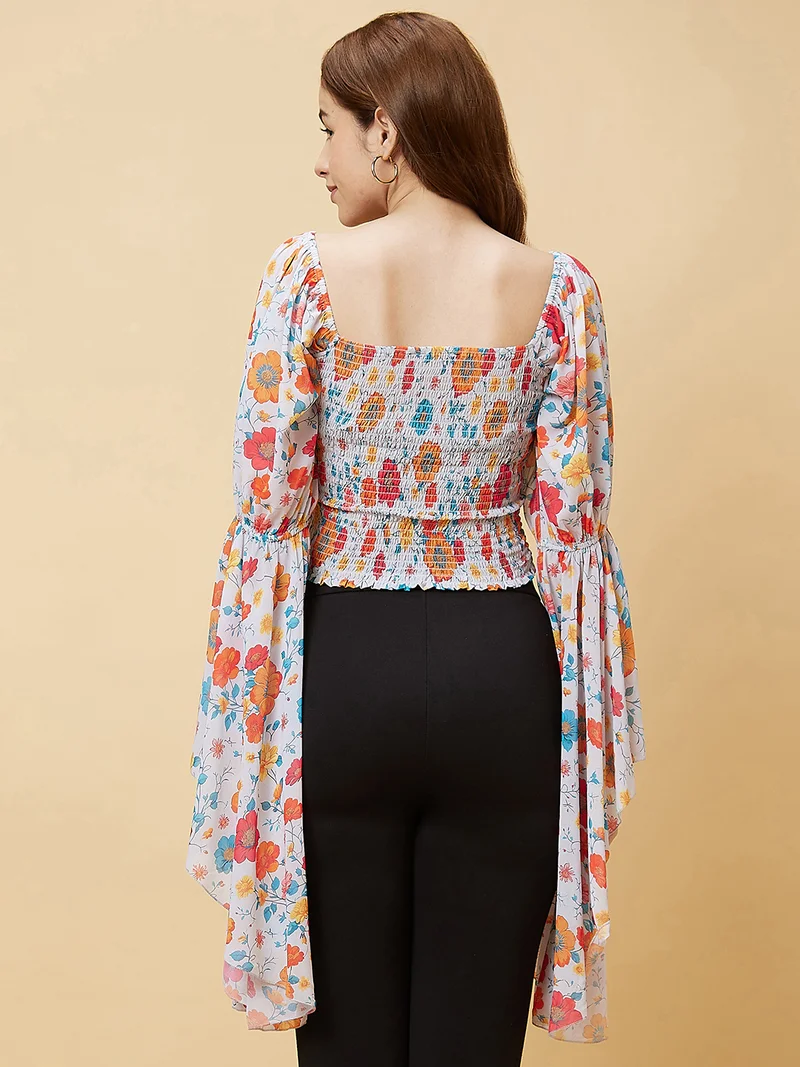 globus Women Orange-Coloured Floral Printed Bell Sleeves Smocked Crop Top