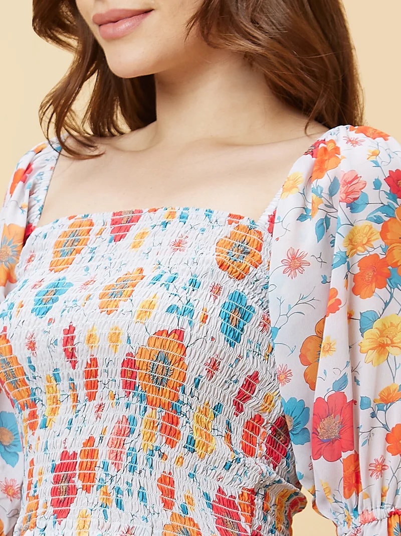 globus Women Orange-Coloured Floral Printed Bell Sleeves Smocked Crop Top