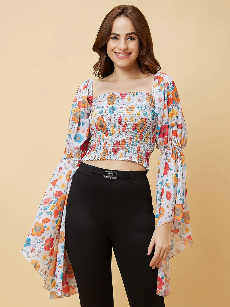 globus Women Orange-Coloured Floral Printed Bell Sleeves Smocked Crop Top