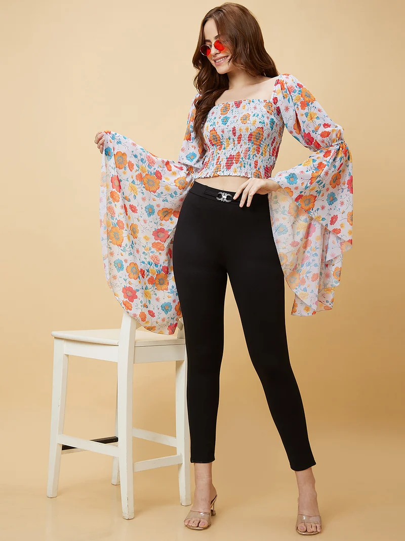 globus Women Orange-Coloured Floral Printed Bell Sleeves Smocked Crop Top