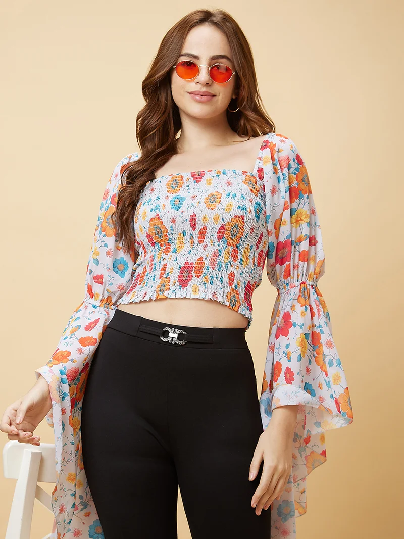 globus Women Orange-Coloured Floral Printed Bell Sleeves Smocked Crop Top