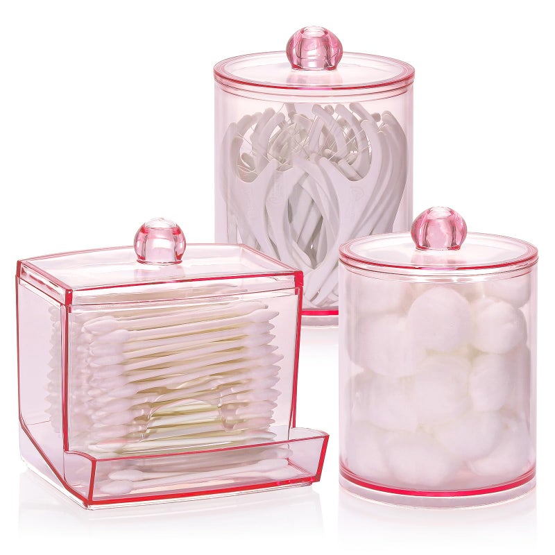 Tbestmax Pink Qtips Dispenser Bathroom Container, 10/12 oz Big Cotton Ball Holder, Apothecary Jar Organizer for Storage Cotton Swab, Round Pads, Floss Picks - Image 1