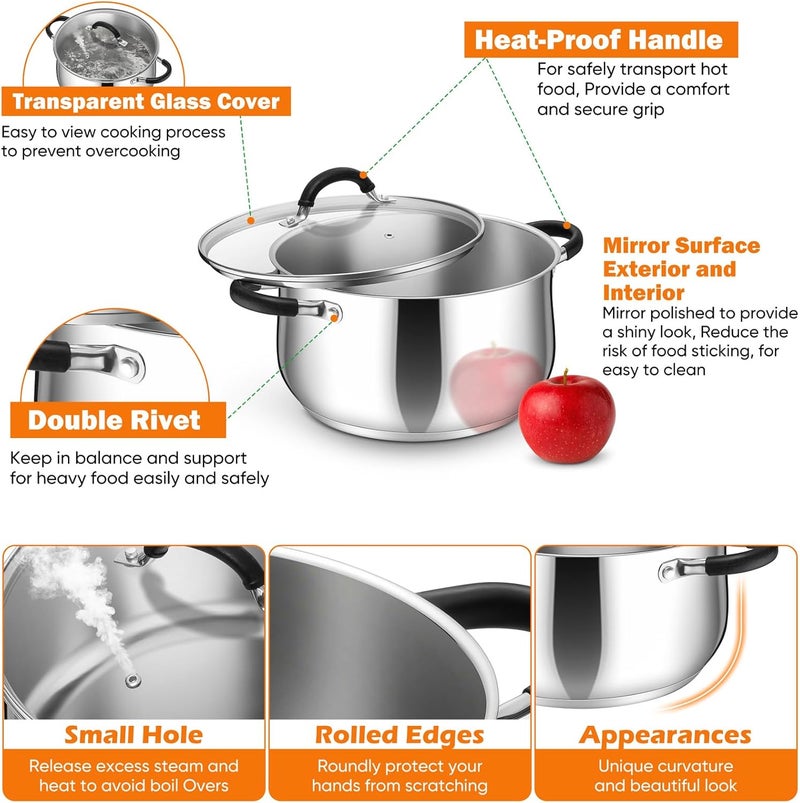 P&P CHEF Stainless Steel Stock Pot, 4 Qt Cooking Soup Pot with Visible Lid for Pasta, Tri-Ply Bottom & Dual Heatproof Handles, For Induction Gas All Stoves, Non-Toxic & Dishwasher Safe - Image 4