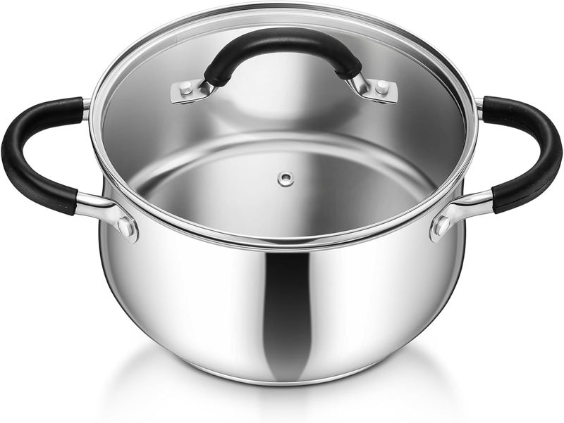 P&P CHEF Stainless Steel Stock Pot, 4 Qt Cooking Soup Pot with Visible Lid for Pasta, Tri-Ply Bottom & Dual Heatproof Handles, For Induction Gas All Stoves, Non-Toxic & Dishwasher Safe - Image 1