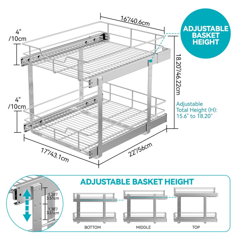 STORKING 2 Tier Pull Out Cabinet Organizer 18" W X 22" D, Slide Out Drawers For Kitchen Cabinets, Pull Out Drawers For Cabinets Capacity Heavy Duty Caddy, Cabinet Pullout Shelves Chrome-Plated,Bathroom Pantry - Image 2