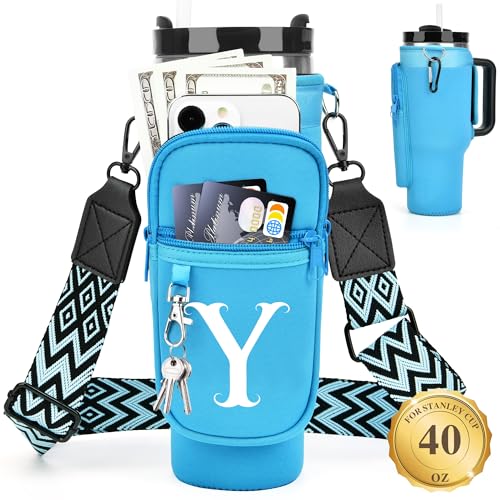 LOKASS Personalized Water Bottle Holder with Strap for Stanley Cup Accessories 40 oz Initial for Stanley Cup Holder Carrier Bag with Phone Pocket HandsFree Tumbler Carrier for Travel Gym Walkin - Image 1