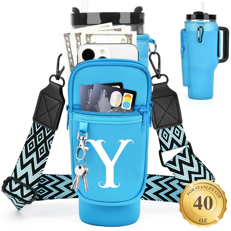 LOKASS Personalized Water Bottle Holder with Strap for Stanley Cup Accessories 40 oz Initial for Stanley Cup Holder Carrier Bag with Phone Pocket HandsFree Tumbler Carrier for Travel Gym Walkin - Image 2