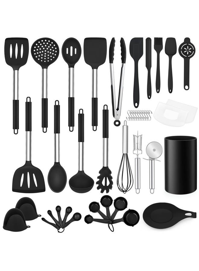 LIANYU 43 Pcs Kitchen Cooking Utensils Set, Silicone Cooking Utensils Spatula Set with Holder, Heat Resistant Kitchen Gadgets Tools for Nonstick Cookware Set, Stainless Steel Handle, Black - Image 1