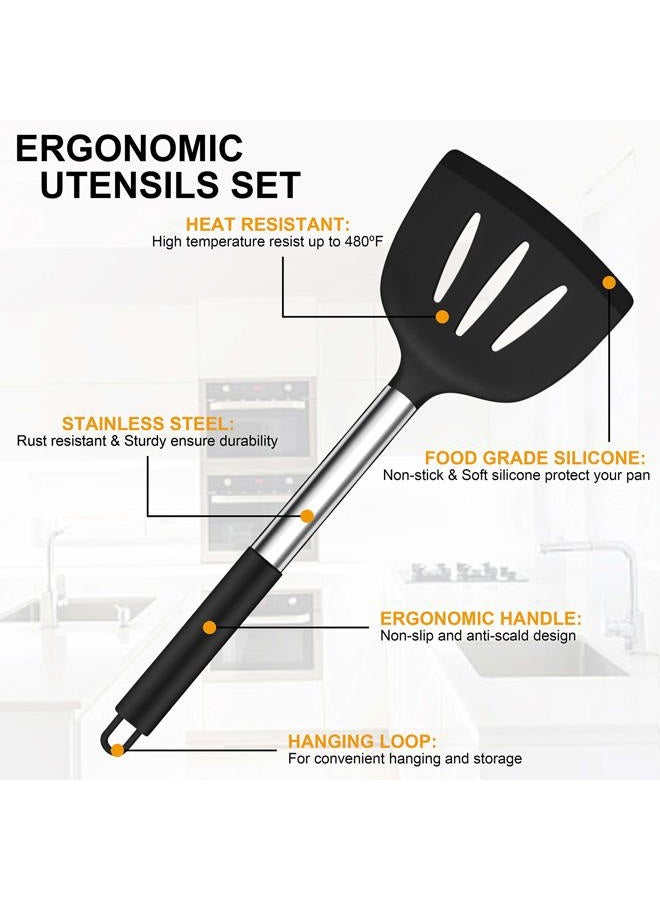 LIANYU 43 Pcs Kitchen Cooking Utensils Set, Silicone Cooking Utensils Spatula Set with Holder, Heat Resistant Kitchen Gadgets Tools for Nonstick Cookware Set, Stainless Steel Handle, Black - Image 2