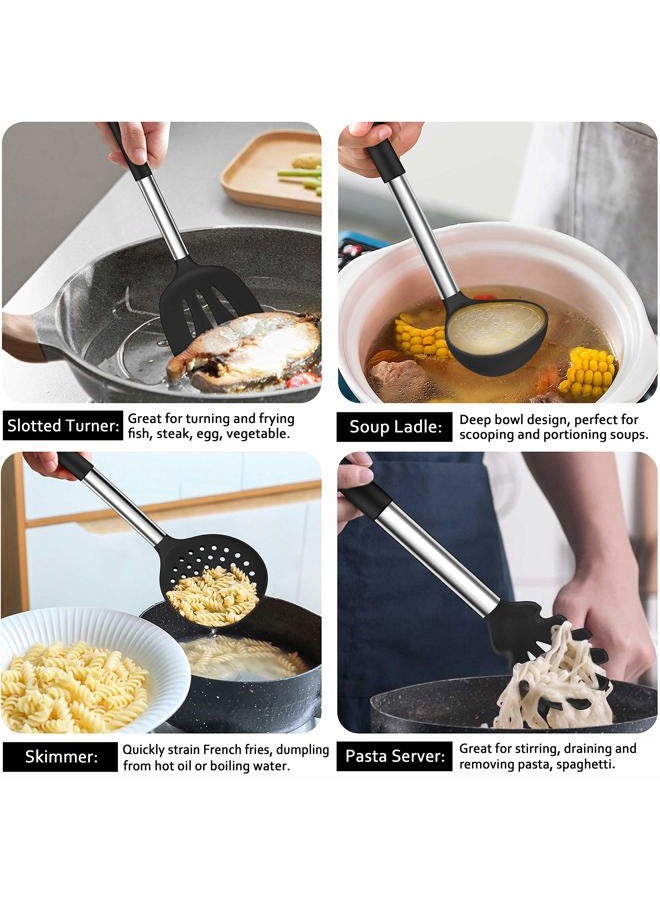 LIANYU 43 Pcs Kitchen Cooking Utensils Set, Silicone Cooking Utensils Spatula Set with Holder, Heat Resistant Kitchen Gadgets Tools for Nonstick Cookware Set, Stainless Steel Handle, Black - Image 3