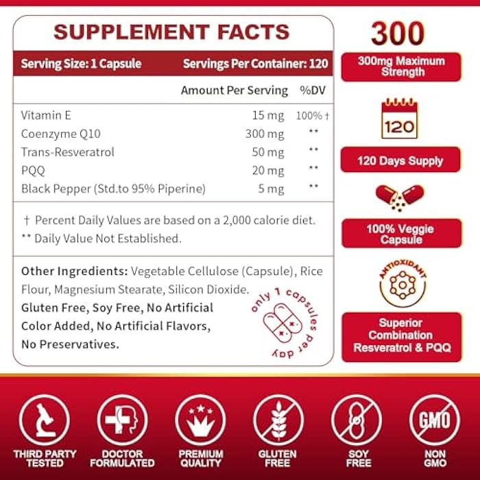 ZEBORA CoQ10-300mg with Trans-Resveratrol, PQQ & Vitamin E - High Absorption Coenzyme-Q10 with BioPerine - Powerful Antioxidant for Heart & Energy-Production,120 Veggie Capsules - Image 2