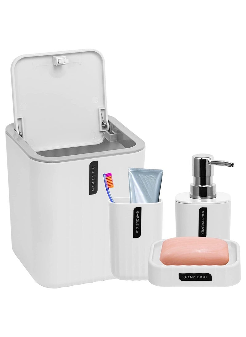 MileMelo 4 Piece Bathroom Accessories Set Bath Ensemble Includes Trash Can, Soap Dispenser, Toothbrush Holder, Toothbrush Cup for Decorative Countertop and Housewarming Gift White  - Image 1