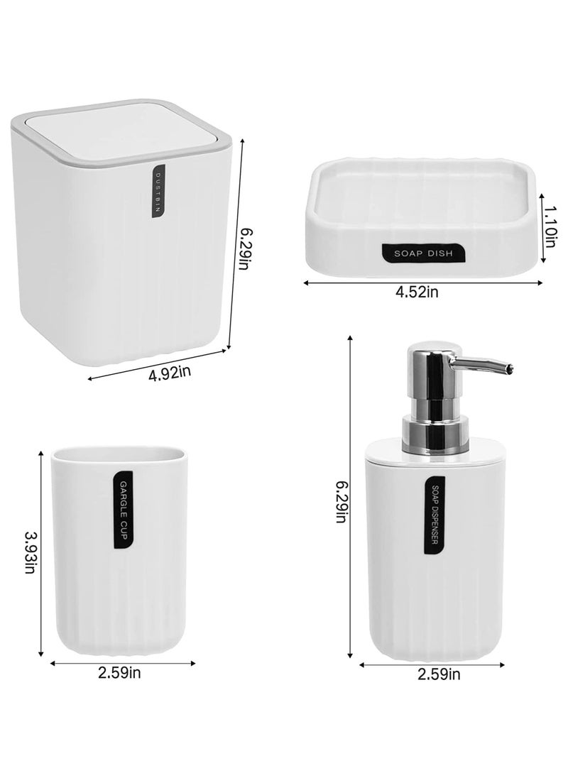 MileMelo 4 Piece Bathroom Accessories Set Bath Ensemble Includes Trash Can, Soap Dispenser, Toothbrush Holder, Toothbrush Cup for Decorative Countertop and Housewarming Gift White  - Image 2