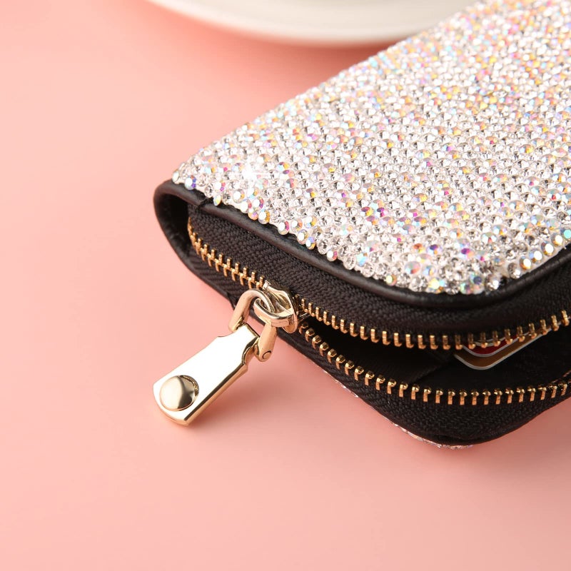 AsAlways Rhinestone Credit Card Holder for Women RFID Blocking Wallet Slim Leather Zipper Card Case Wallet (Silver) - Image 5
