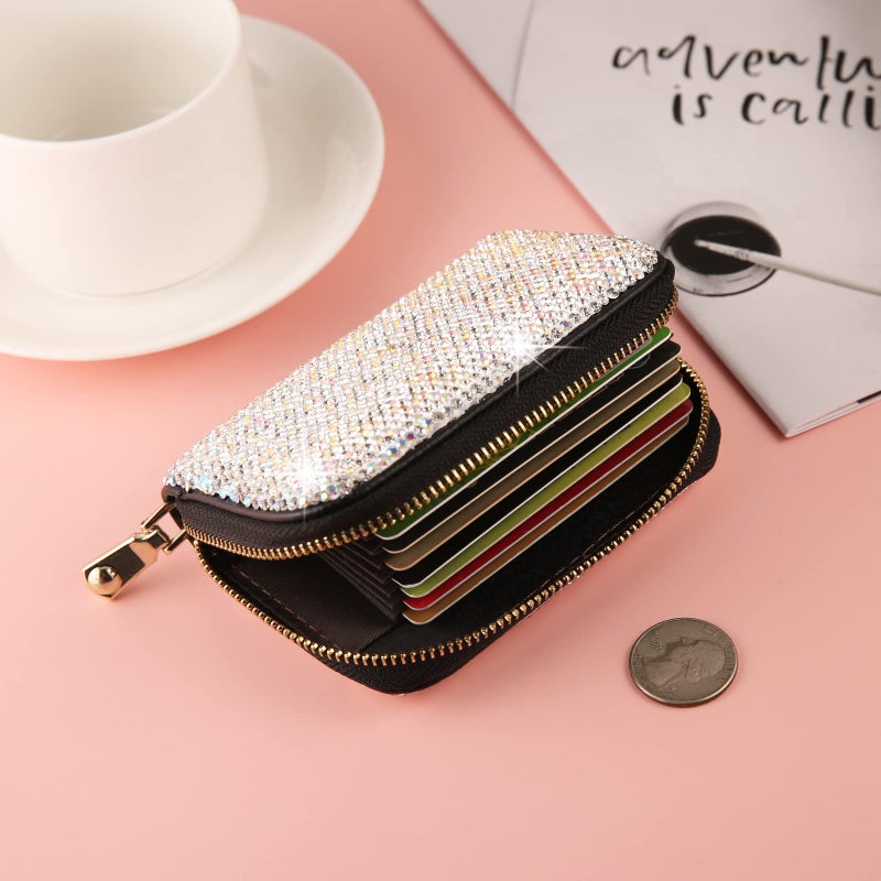 AsAlways Rhinestone Credit Card Holder for Women RFID Blocking Wallet Slim Leather Zipper Card Case Wallet (Silver) - Image 4