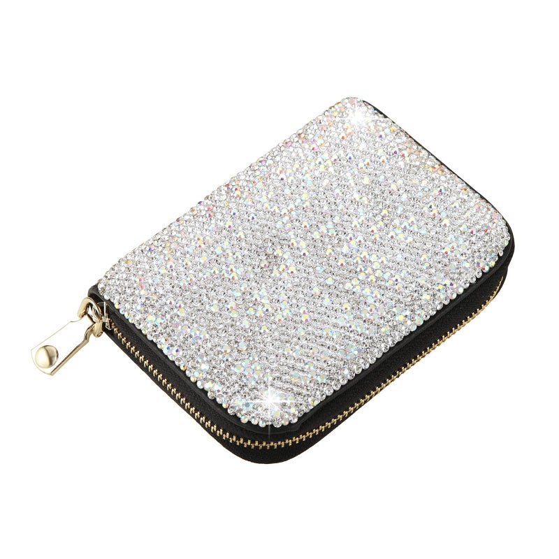 AsAlways Rhinestone Credit Card Holder for Women RFID Blocking Wallet Slim Leather Zipper Card Case Wallet (Silver) - Image 1