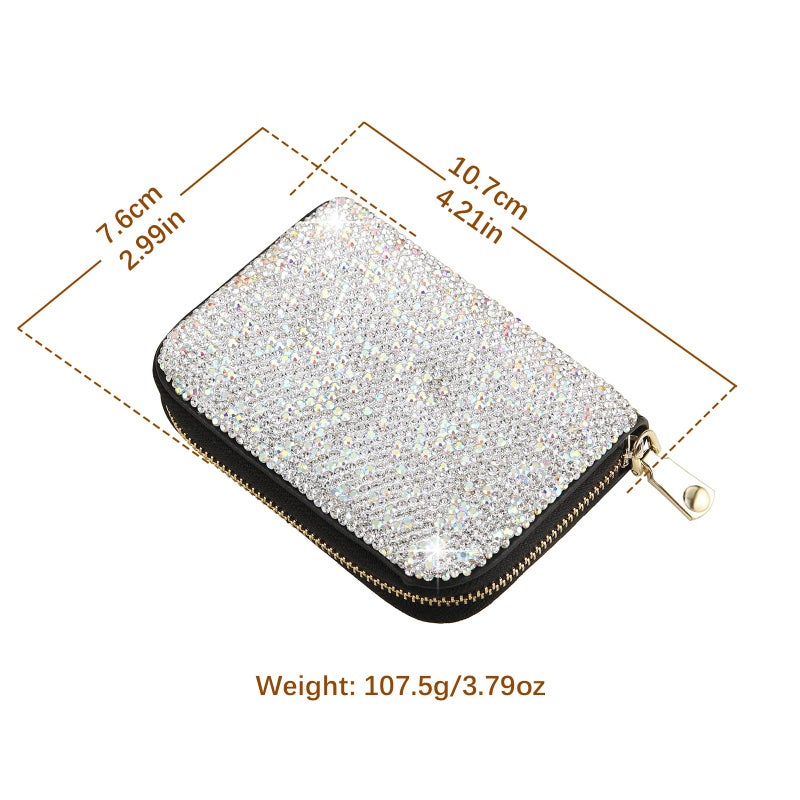 AsAlways Rhinestone Credit Card Holder for Women RFID Blocking Wallet Slim Leather Zipper Card Case Wallet (Silver) - Image 2