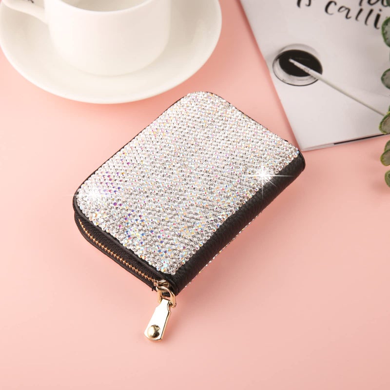 AsAlways Rhinestone Credit Card Holder for Women RFID Blocking Wallet Slim Leather Zipper Card Case Wallet (Silver) - Image 3