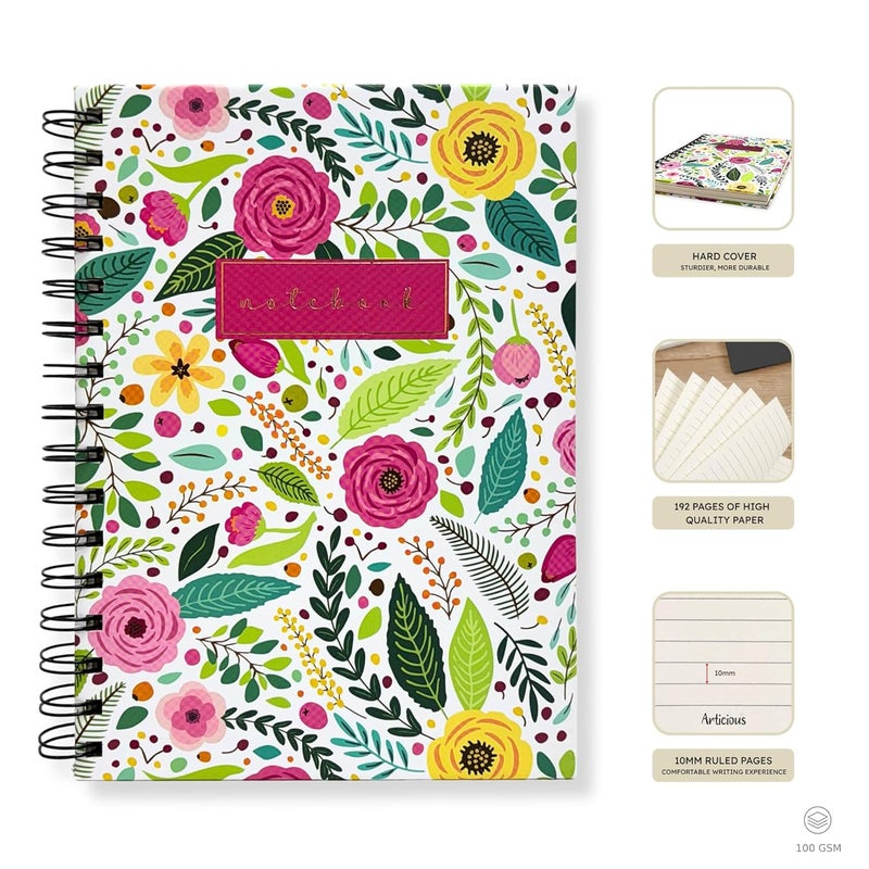 Articious دفتر ملاحظات مزخرف على شكل حلزوني | حجم A5 21x17 سم | 190 صفحة مسطرة | ورق سميك 80 جرام | دفتر جميل للكتابة، المدرسة، المكتب والهدايا - Image 3