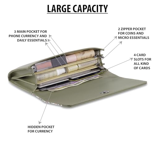 DOSYSO Wallet for Women Girls Stylish Latest Printed Faux Leather with Phone Space Coin Compartment Mobile Storage 4 Card Slots Holder Cash Zip Pockets Hand Clutch for Daily Use Ladies Long Purse (Olive) - Image 4