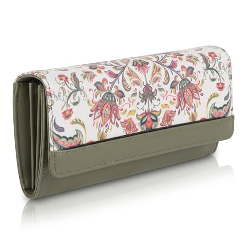DOSYSO Wallet for Women Girls Stylish Latest Printed Faux Leather with Phone Space Coin Compartment Mobile Storage 4 Card Slots Holder Cash Zip Pockets Hand Clutch for Daily Use Ladies Long Purse (Olive) - Image 1