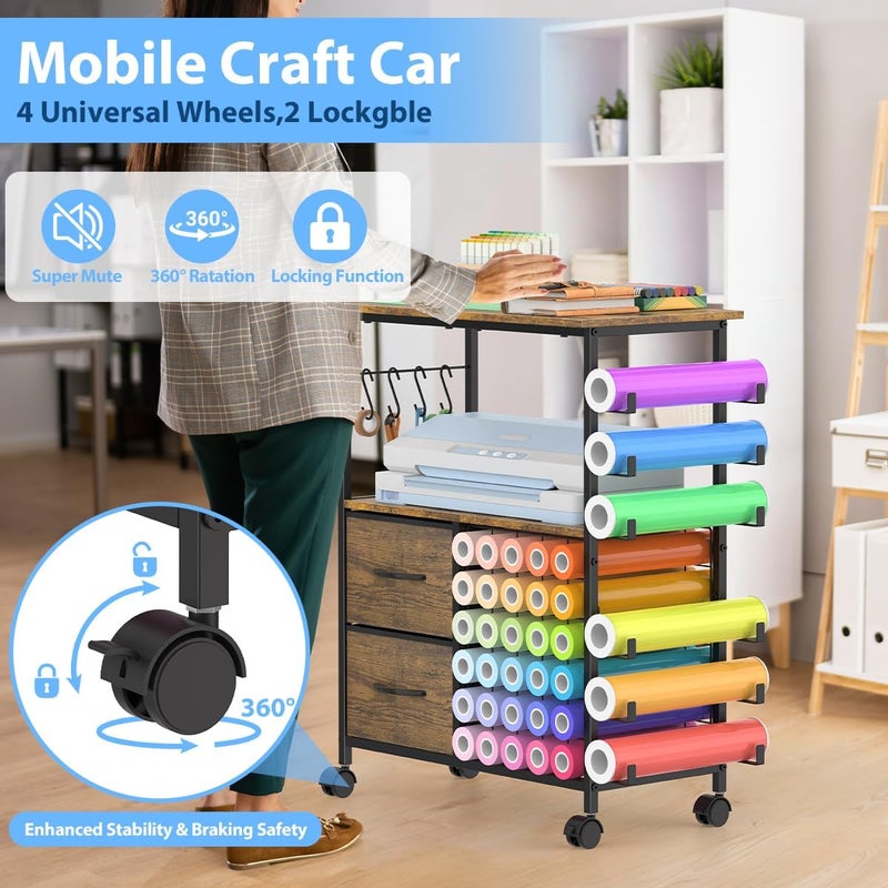 عربة تخزين متوافقة مع Cricut، حوامل لفات مع درجان، طاولة خزانة حرفية متحركة لحامل الإكسسوارات، خطاف أدوات لغرفة الحرف المنزلية - Image 5