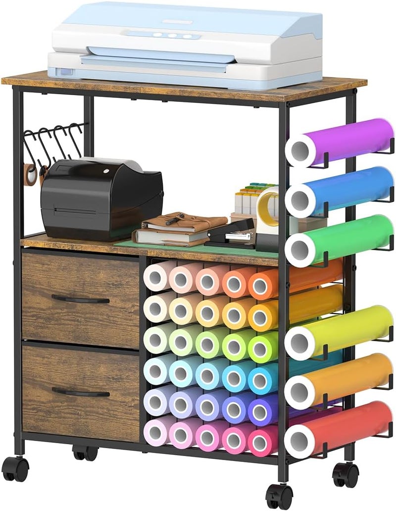 عربة تخزين متوافقة مع Cricut، حوامل لفات مع درجان، طاولة خزانة حرفية متحركة لحامل الإكسسوارات، خطاف أدوات لغرفة الحرف المنزلية - Image 1