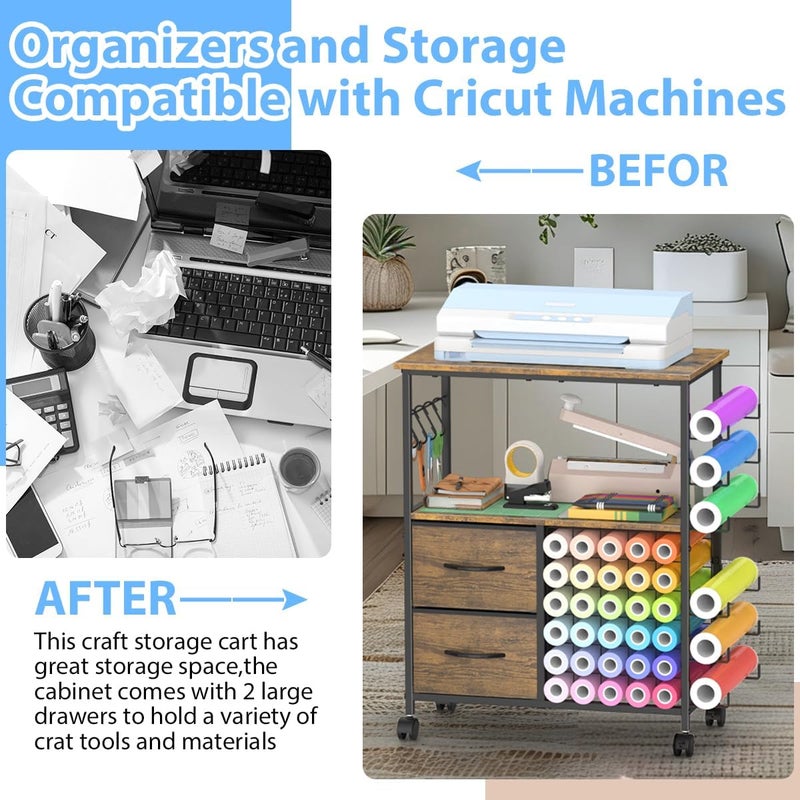 عربة تخزين متوافقة مع Cricut، حوامل لفات مع درجان، طاولة خزانة حرفية متحركة لحامل الإكسسوارات، خطاف أدوات لغرفة الحرف المنزلية - Image 4