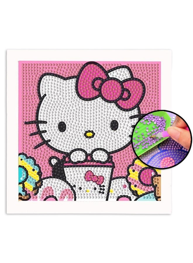 5D Cartoon Cute Kitty Diamond Painting for Kids Beginners, Full Round Drill Big Gem Art for Children, Home Wall Decoration 6.7X6.7 Inch, Included Tools and Wooden Frames - Image 1