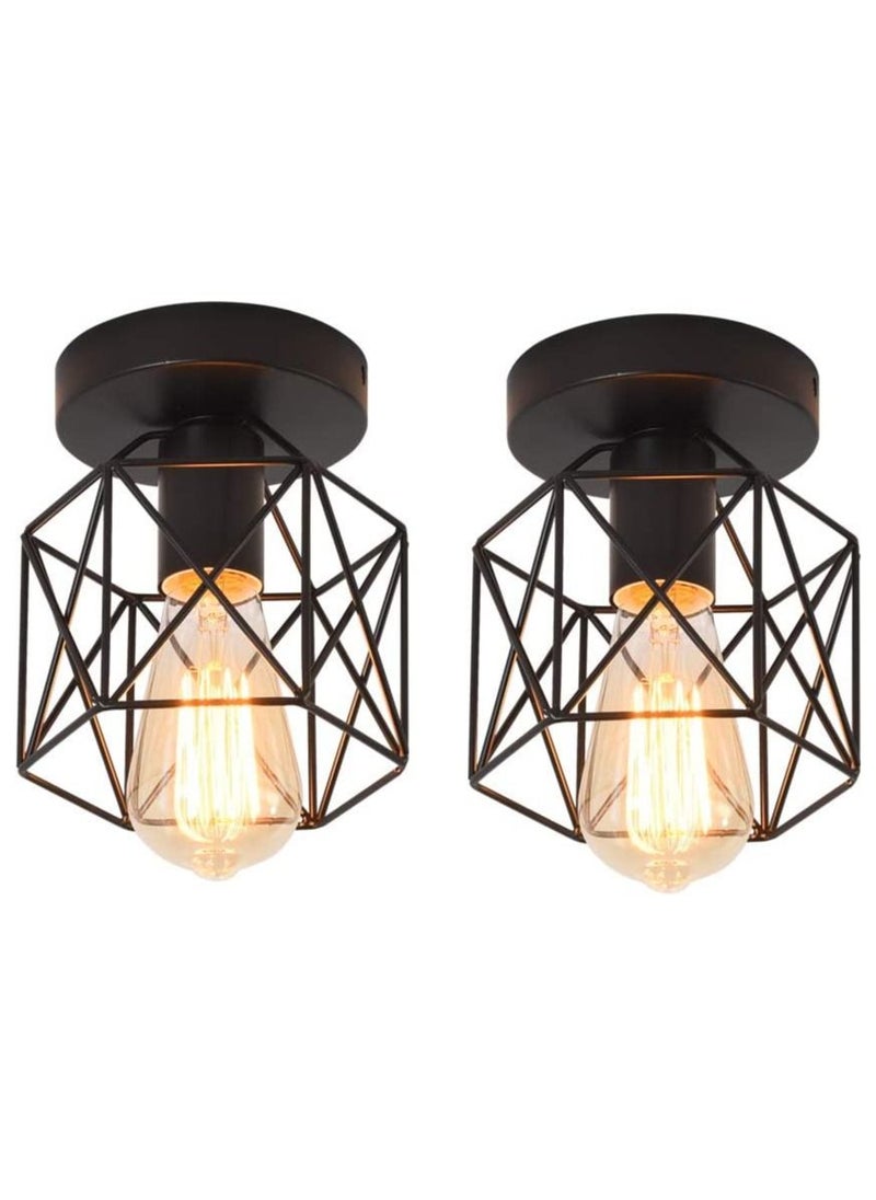 Gonice Vintage Ceiling Light, Industrial Semi-Flush Mount Chandeliers with Metal Cage, E27 Base Ceiling Lamp Fixture for Porch Hallway Kitchen Farmhouse Lighting (Black, 2 Packs)  - Image 1