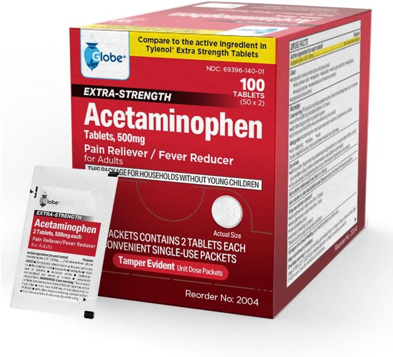 Globe أقراص جلوب إكسترا سترينث أسيتامينوفين 500 ملغ مسكن للألم وخافض للحرارة لطيف على المعدة لآلام التهاب المفاصل وآلام الظهر والمزيد 50 عبوة تحتوي على 2 قرص لكل منها 100 قرص - Image 1