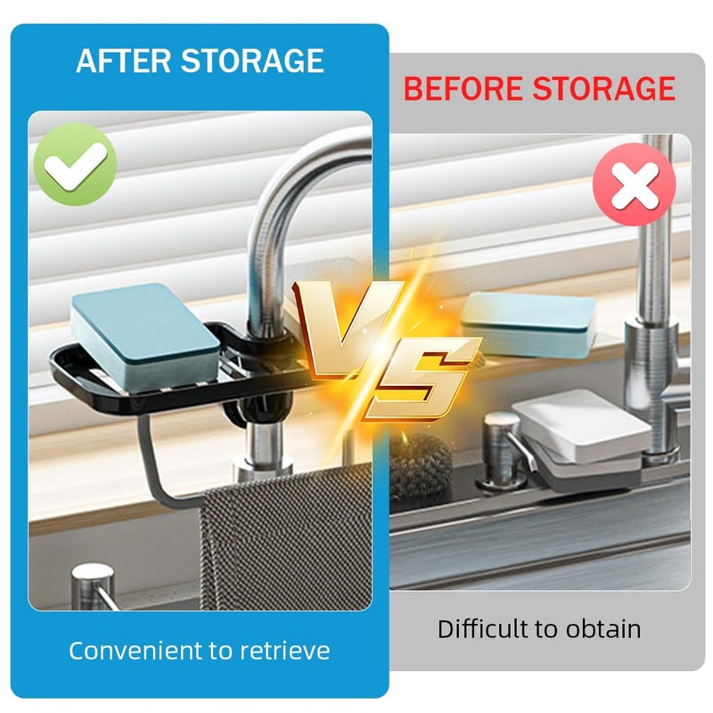 Supvox® Kitchen Sponge Holder Dry Rack Dish Rag Rack Drain Rack with Hooks Space Saving Sink Faucet Mount Sponge Holder Hand Soap Holder Tool Organizer - Image 3