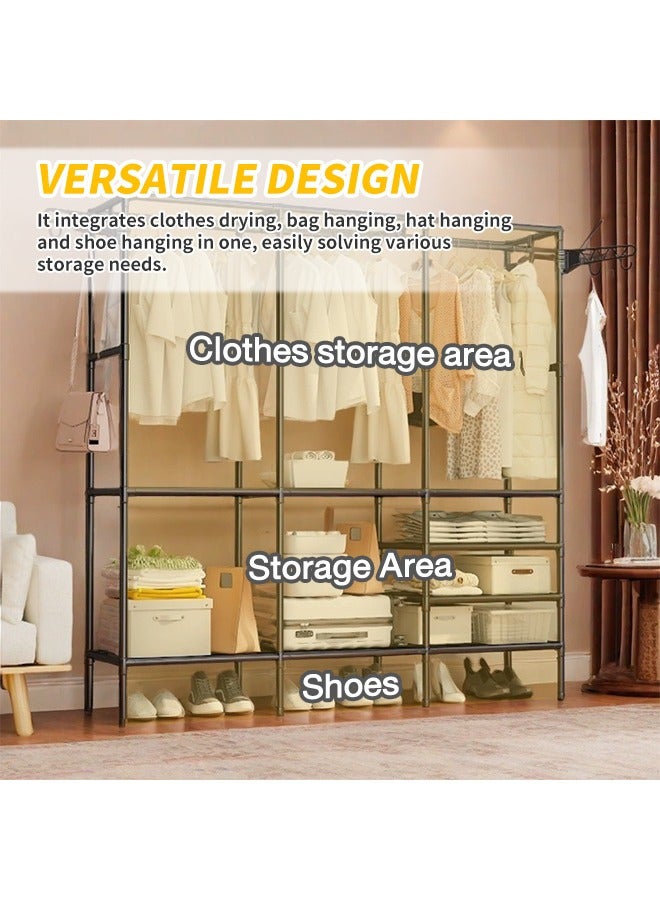 Large Clothes Rack, 3-Row Freestanding Hanger with Side Hooks, Multi-Compartment Clothing Rack, Removable Garment Rack with Raised Base, Suitable for Storing Clothes, Accessories, Shoes, Bags, Towels - Image 4