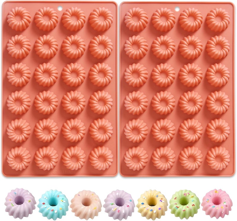 تاياهيرو Mini Buntz Cake Silicone Molds 2 Pcs, 48-Cavity Mini Ring Cake Pans for Baking, Nonstick Fluted Tube Donuts Silicone Pan for Mousse Cupcake Chocolate Jelly Pudding Dessert, Terracotta - Image 1