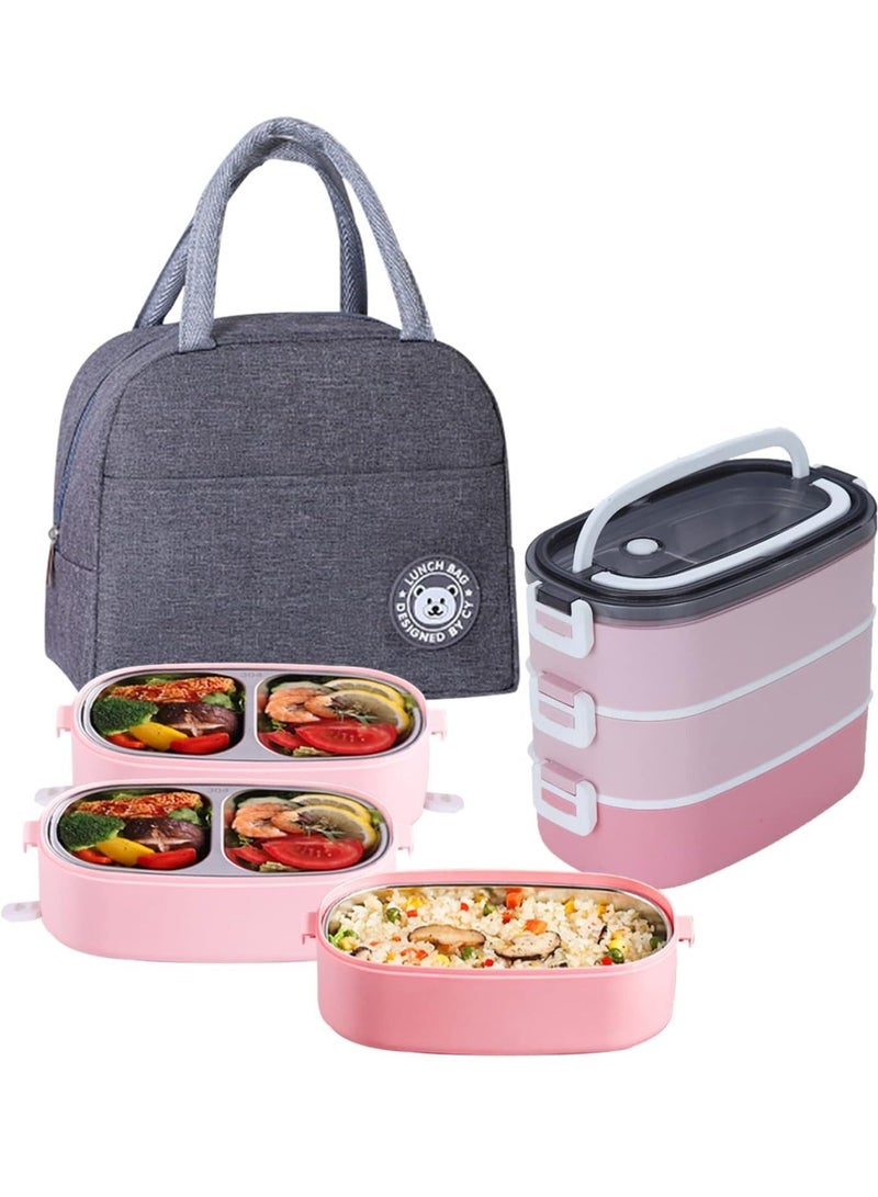 Stainless Steel Lunch Box Insulated Bento Box Multifunctional Containers Food Containers with 2 Compartments Tableware Nylon insulation bag (1.9L Pink) - Image 1