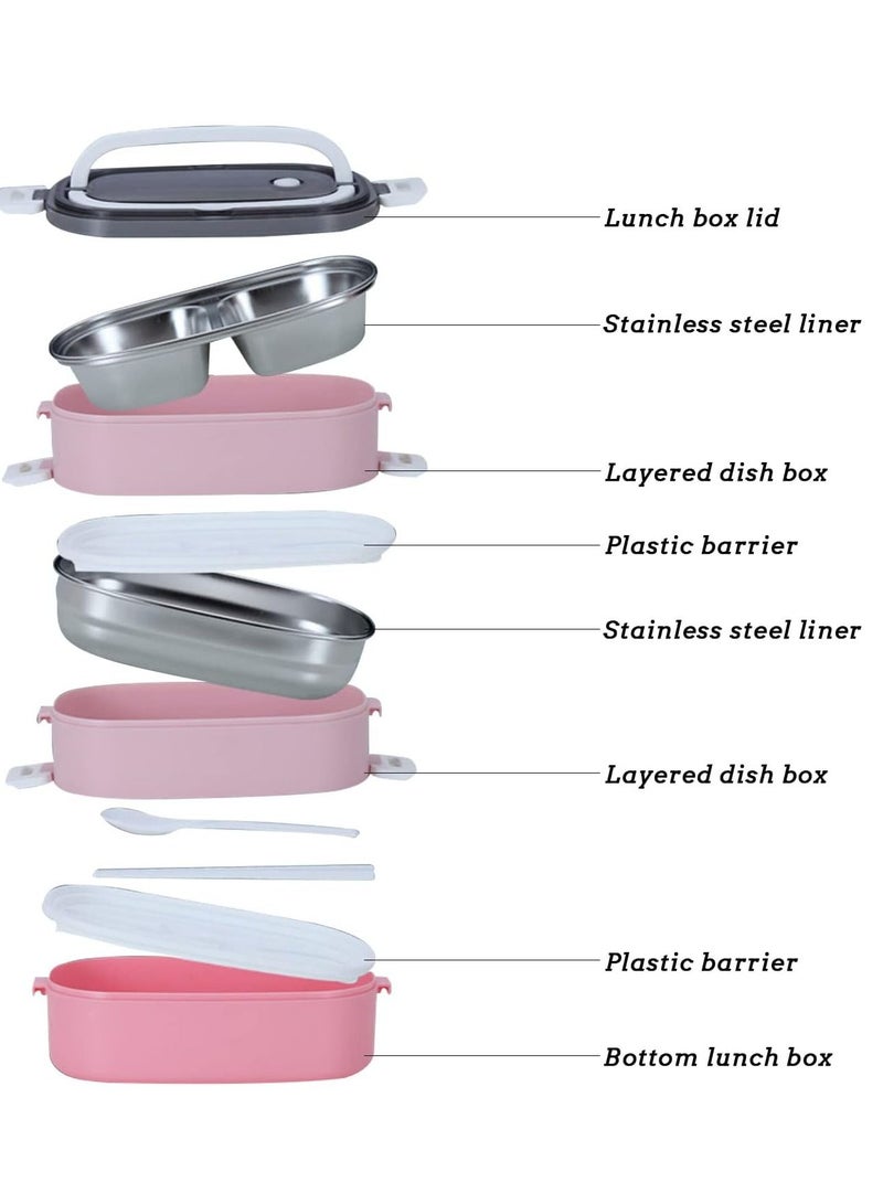Stainless Steel Lunch Box Insulated Bento Box Multifunctional Containers Food Containers with 2 Compartments Tableware Nylon insulation bag (1.9L Pink) - Image 2
