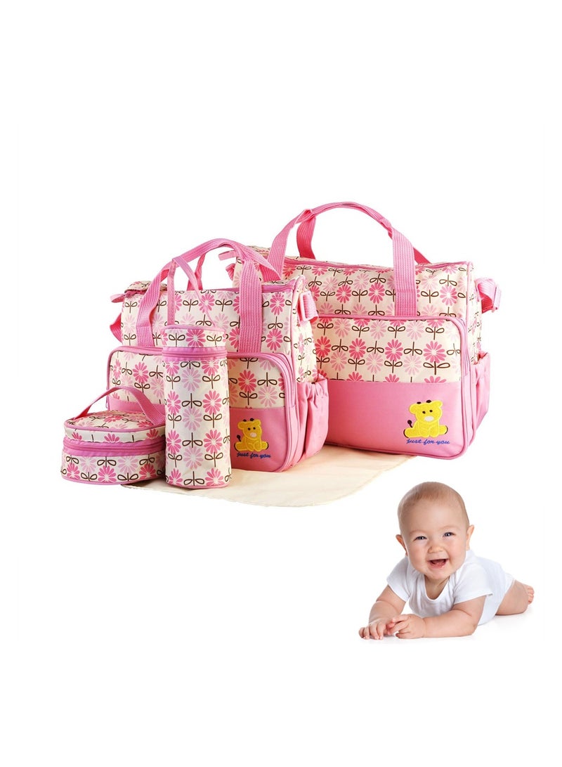 Captaintech 5in1 Multifunctional Baby Diaper Bag Maternity Handbag Portable Storage Organizer for Boys Girls Pink - Image 1