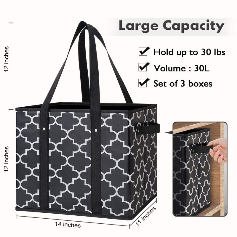 WISELIFE Reusable Grocery Bags 3-Pack Foldable Washable Large Storage Bins Basket Water Resistant Shopping Tote Bag Black - Image 3