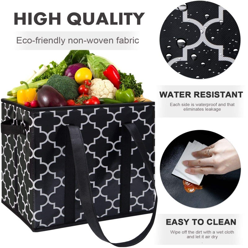 WISELIFE Reusable Grocery Bags 3-Pack Foldable Washable Large Storage Bins Basket Water Resistant Shopping Tote Bag Black - Image 4