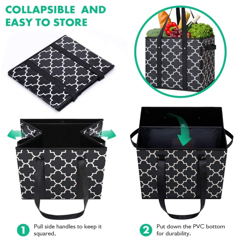 WISELIFE Reusable Grocery Bags 3-Pack Foldable Washable Large Storage Bins Basket Water Resistant Shopping Tote Bag Black - Image 5